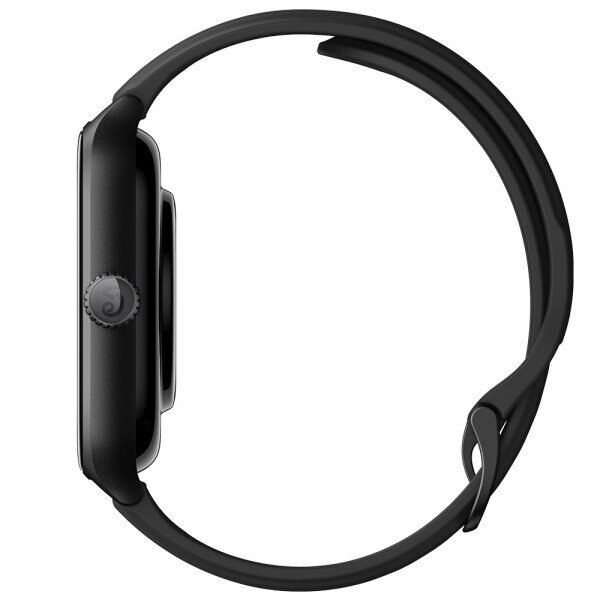 Czarny smartwatch z okrągłą tarczą i paskiem, widok z boku.