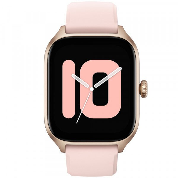 Złoty smartwatch z różową bransoletą wyświetla cyfrę 10.