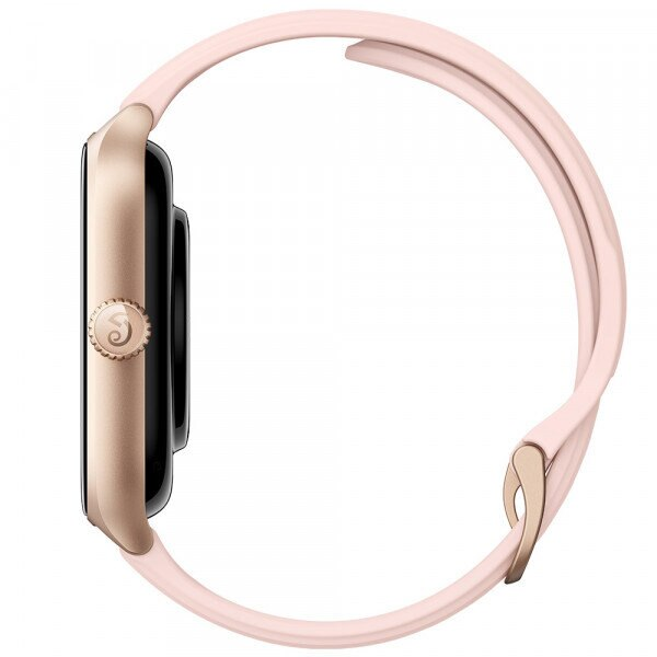 Złoty smartwatch z bladoróżową bransoletą, widziany z boku.