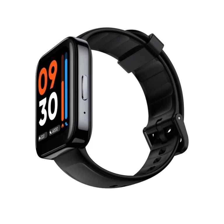 Czarny smartwatch z kwadratowym wyświetlaczem pokazującym pomarańczowe cyfry 09 30.
