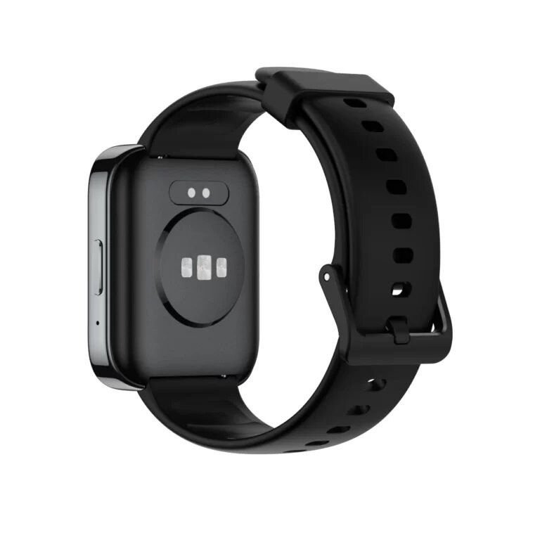 Czarny smartwatch z paskiem, tył pokazuje czujniki i dwa punkty.