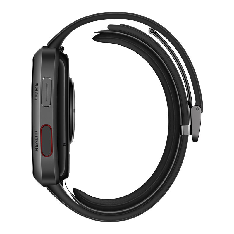 Czarny smartwatch na białym tle. Zegarek ma czarny pasek i boczne przyciski z napisami 'HOME' i 'HEALTH'.