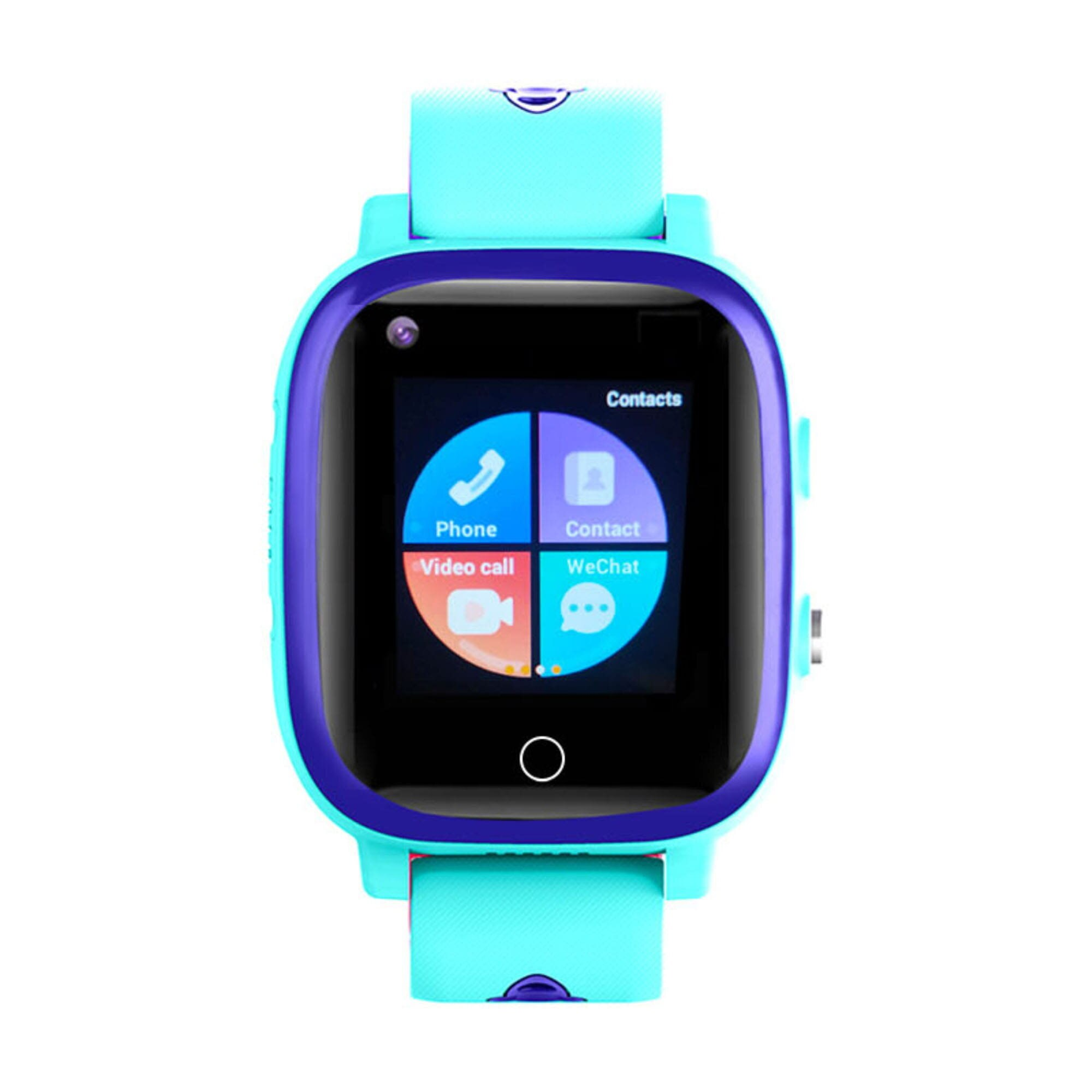 Smartwatch z niebieskim paskiem, fioletową ramką i czarnym ekranem wyświetlającym ikony aplikacji.