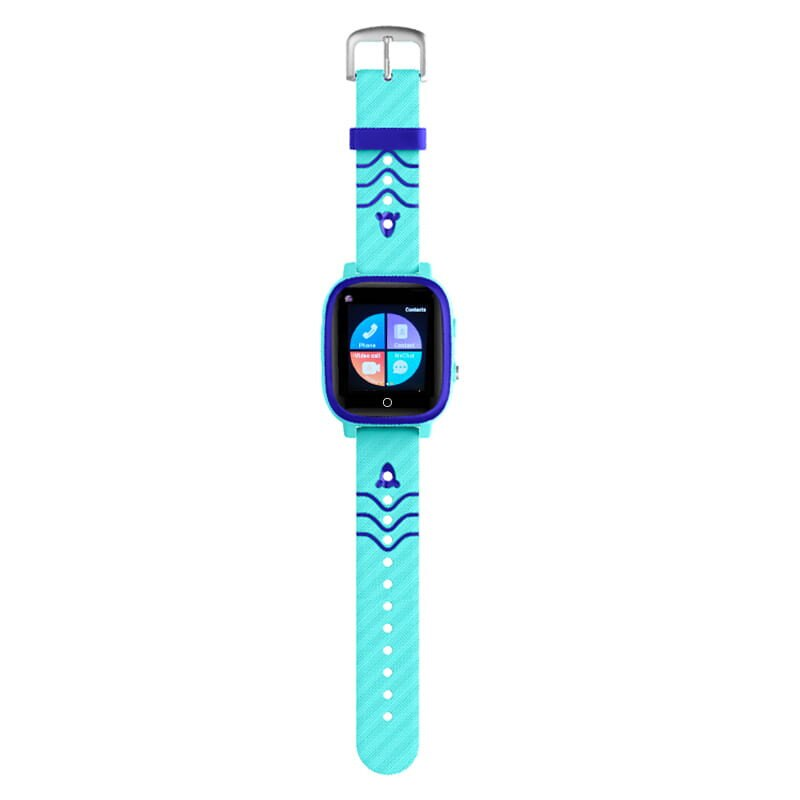 Niebieski i zielony smartwatch z niebieskim paskiem. Pokazuje ikony telefonu i połączeń.