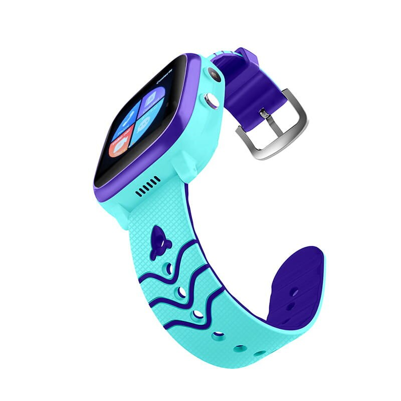 Turkusowy smartwatch z fioletowym paskiem i klamrą, pokazujący ekran dotykowy.