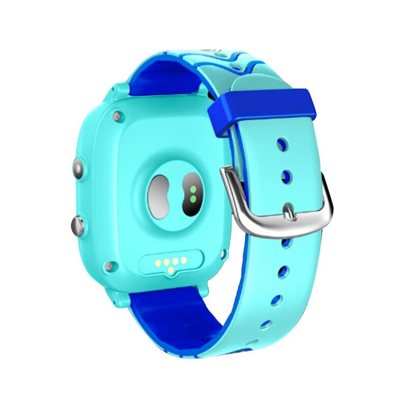 Niebieski i turkusowy smartwatch. Tył pokazuje czujniki. Białe tło, szczegóły paska.