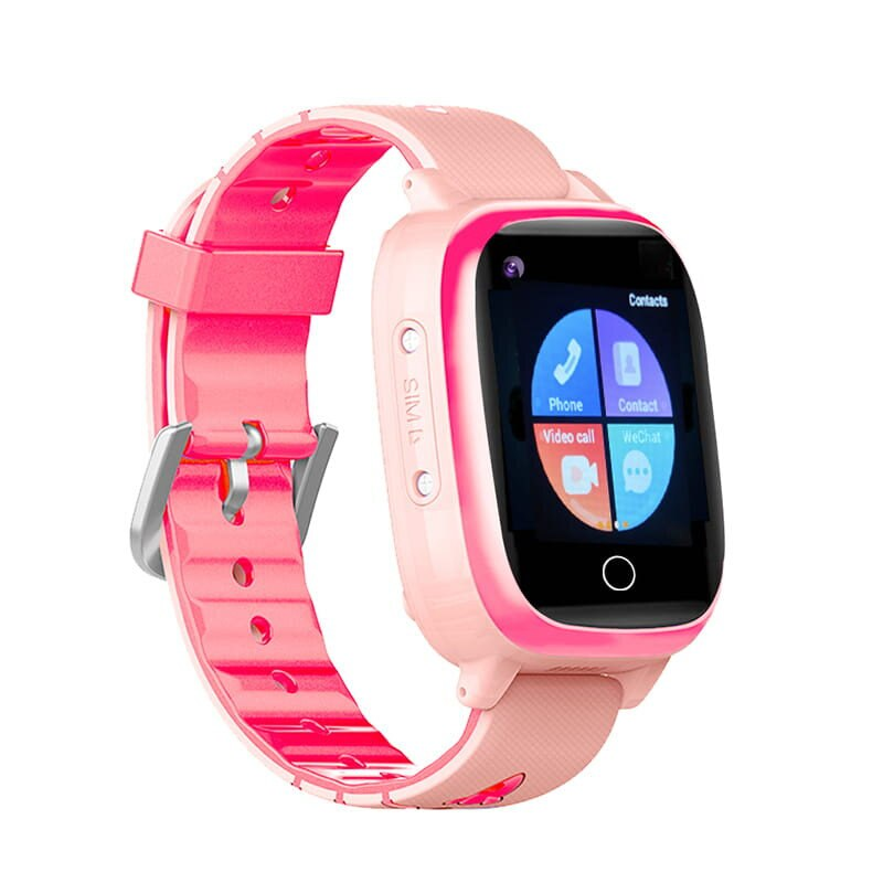Różowy smartwatch z różowym paskiem na białym tle, wyświetlający interfejs.