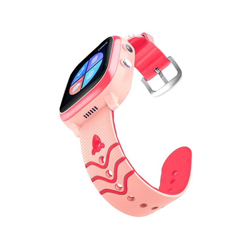 Różowy smartwatch z różowym paskiem. Ekran wyświetla ikony i motyla.