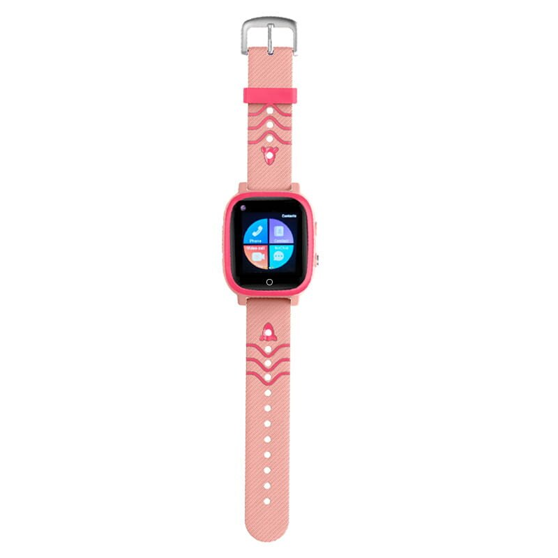 Różowy smartwatch z różowym paskiem, pokazujący ekran główny. Zegarek wyświetla ikony i informacje.