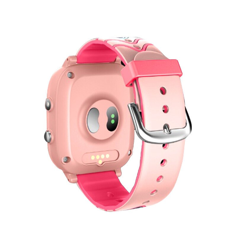 Różowy smartwatch z różowym paskiem, widok z tyłu pokazujący punkty ładowania i czujniki.