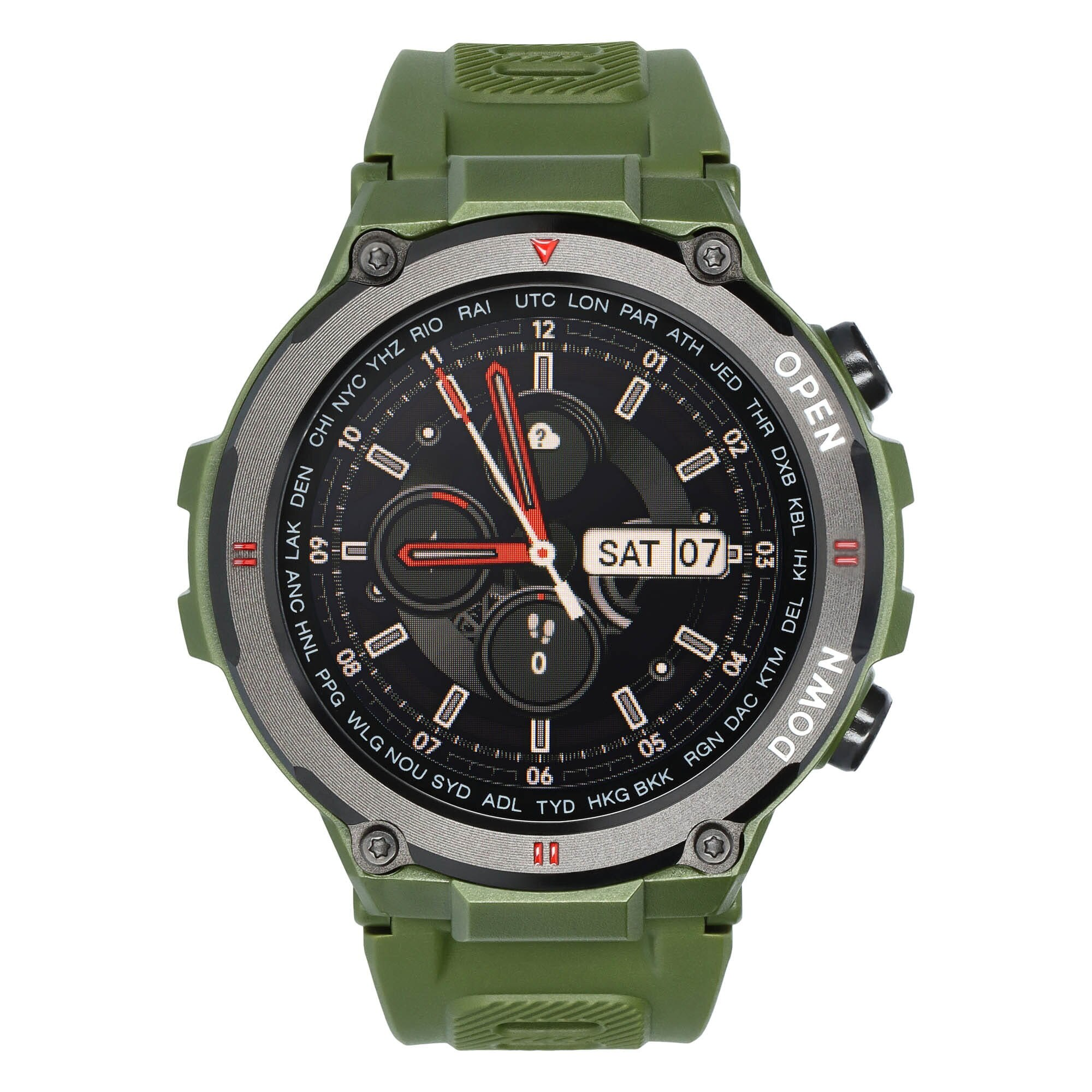 Zielony smartwatch z czarną tarczą pokazujący sobotę 07, 11 i 1.