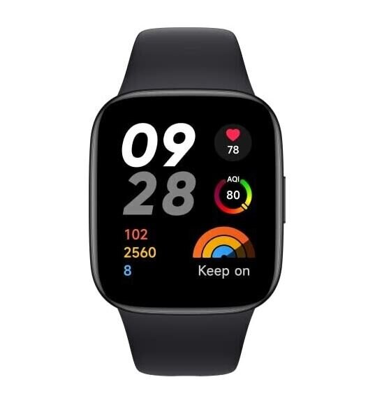 Czarny smartwatch wyświetlający godzinę, tętno, AQI i kroki.