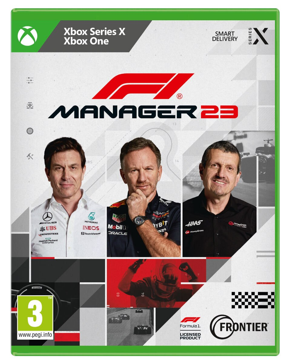 Okładka gry Xbox Series X/Xbox One dla F1 Manager 23. Twarze trzech mężczyzn. Czerwony design.