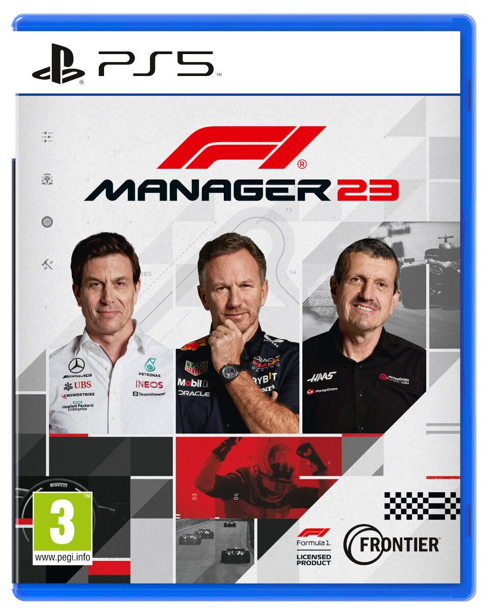 Pudełko gry F1 Manager 23 z logo gry, trzema twarzami i logo PlayStation 5.
