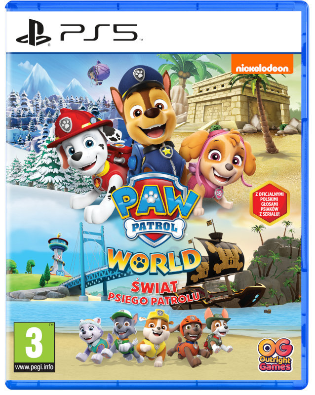 Okładka gry Paw Patrol World. Przedstawiająca postacie z Psiego Patrolu na moście.
