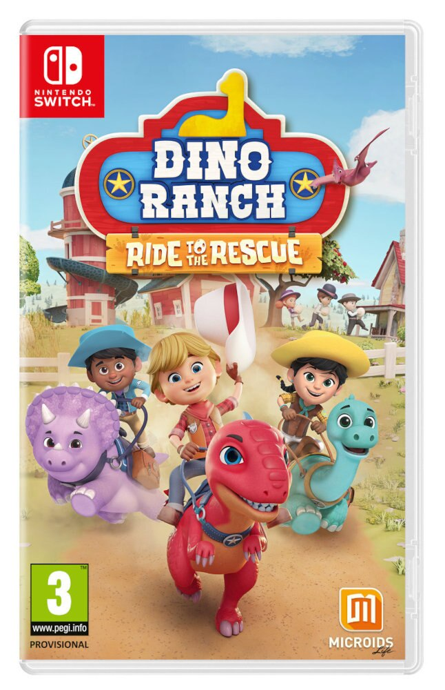 Pudełko z grą na Nintendo Switch. Gra Dino Ranch Ride to the Rescue z postaciami na farmie.