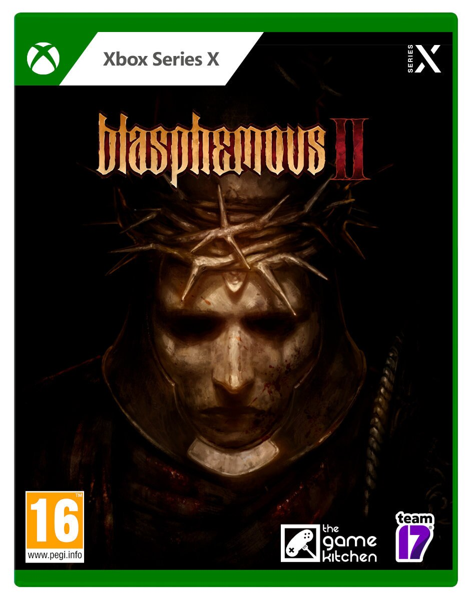 Pudełko z grą Xbox Series X dla Blasphemous II. Zawiera postać z koroną cierniową.