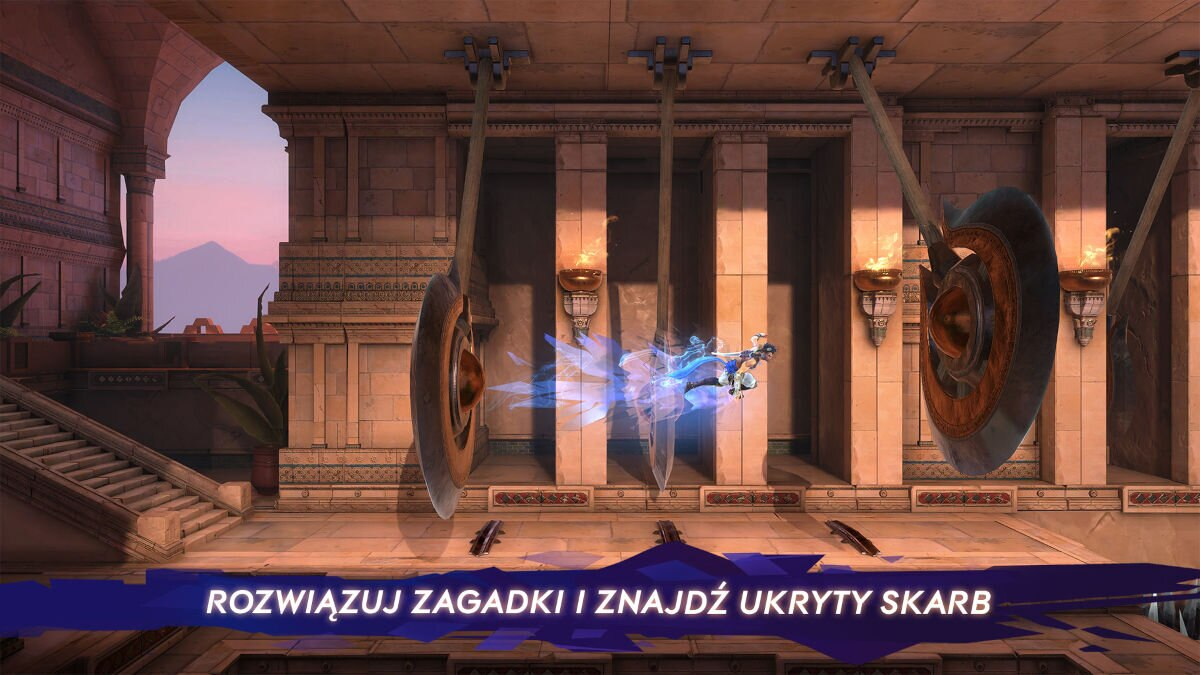 Postać leci w scenie gry. Starożytna architektura z tekstem na dole.