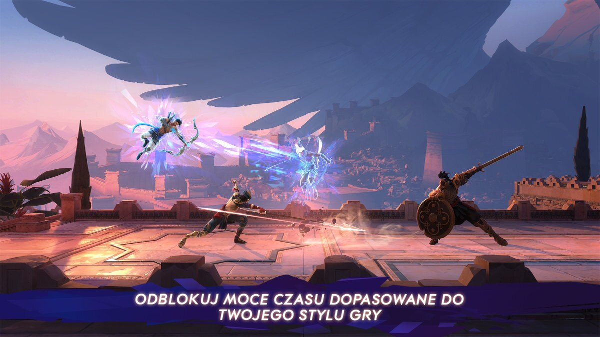 Scena z gry z postaciami w akcji. Wojownicy walczący z łukami i mieczami. Fioletowe i niebieskie tło.