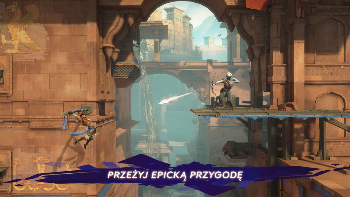 Scena z gry z dwiema postaciami, z których jedna strzela z łuku, w starożytnej scenerii.