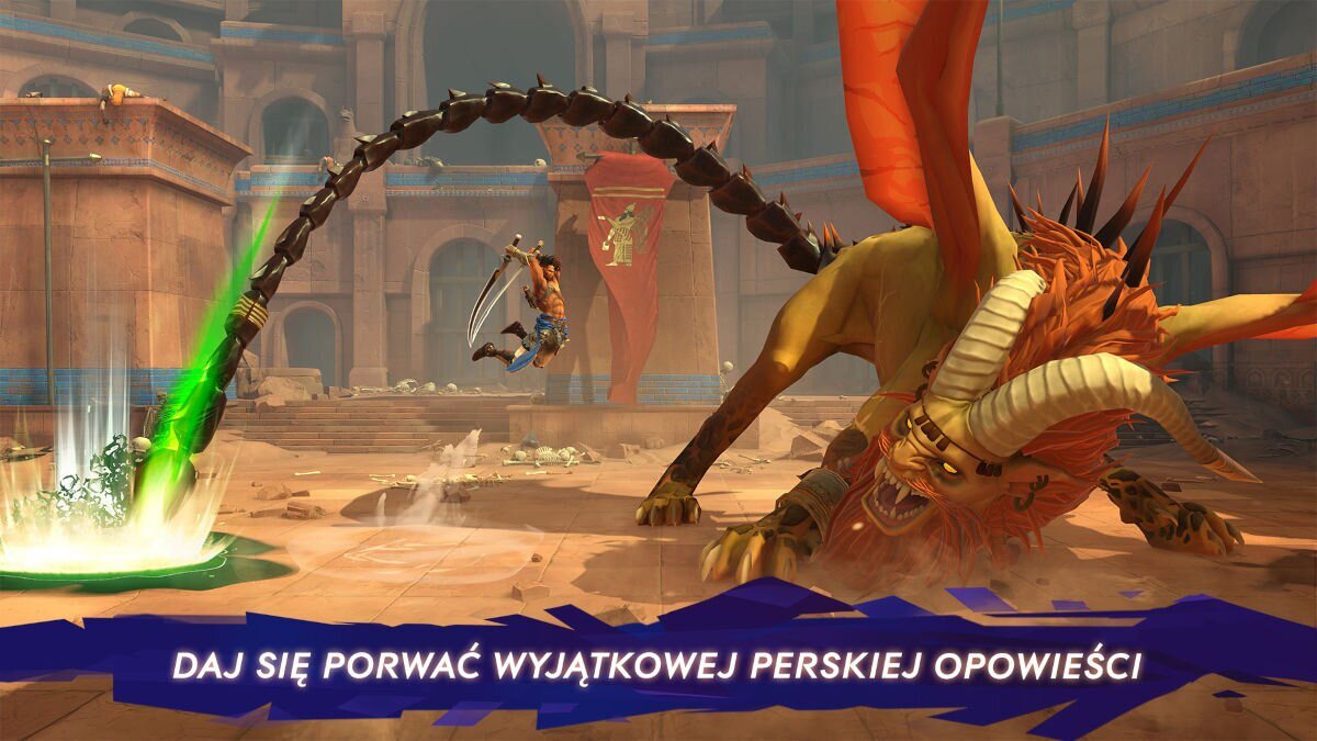 Wojownik skacze w stronę smoka w scenie gry wideo z perskim tekstem opowieści.
