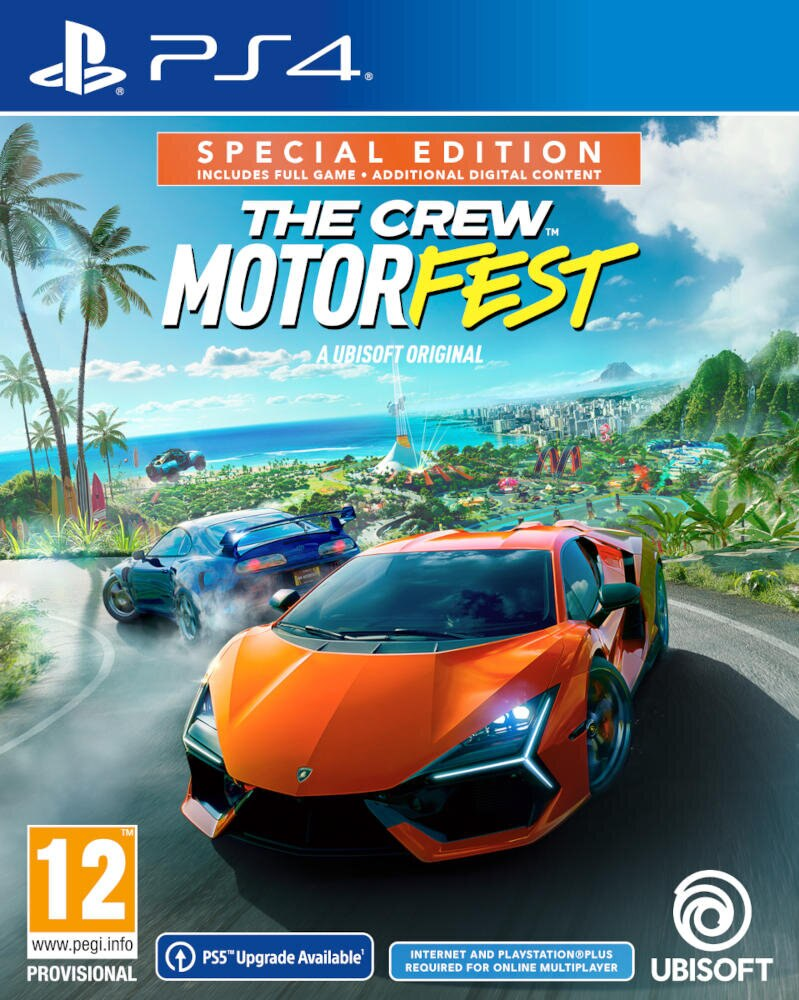 Okładka gry The Crew Motorfest na PS4, przedstawiająca samochody ścigające się w tropikalnym otoczeniu z miastem.