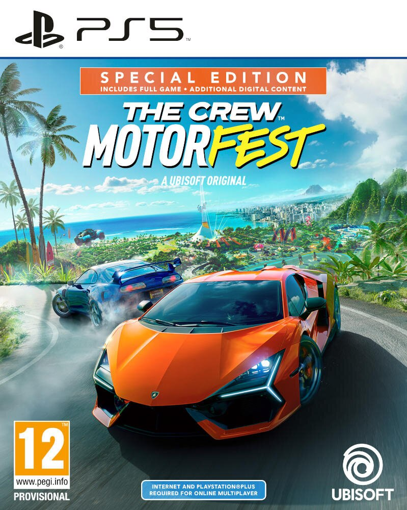 Okładka gry The Crew Motorfest z samochodem wyścigowym na drodze z widokiem na miasto i logo PS5.