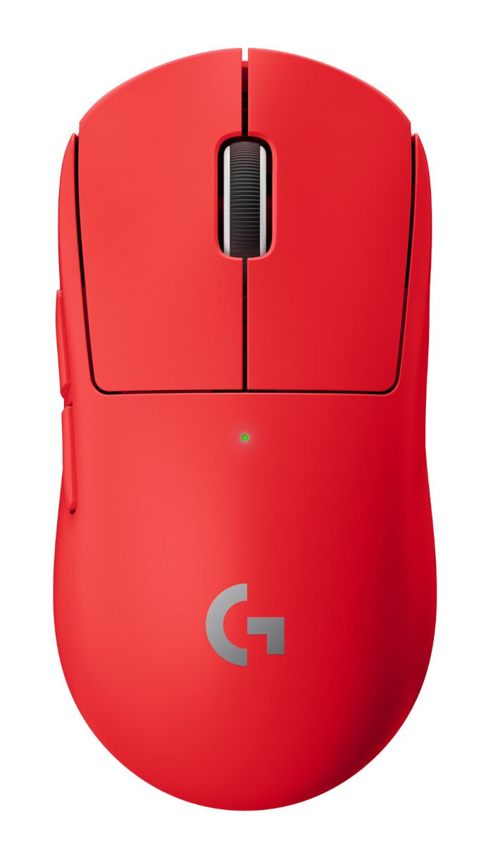 Czerwona mysz bezprzewodowa z dwoma przyciskami, kółkiem przewijania i logo 'G'.