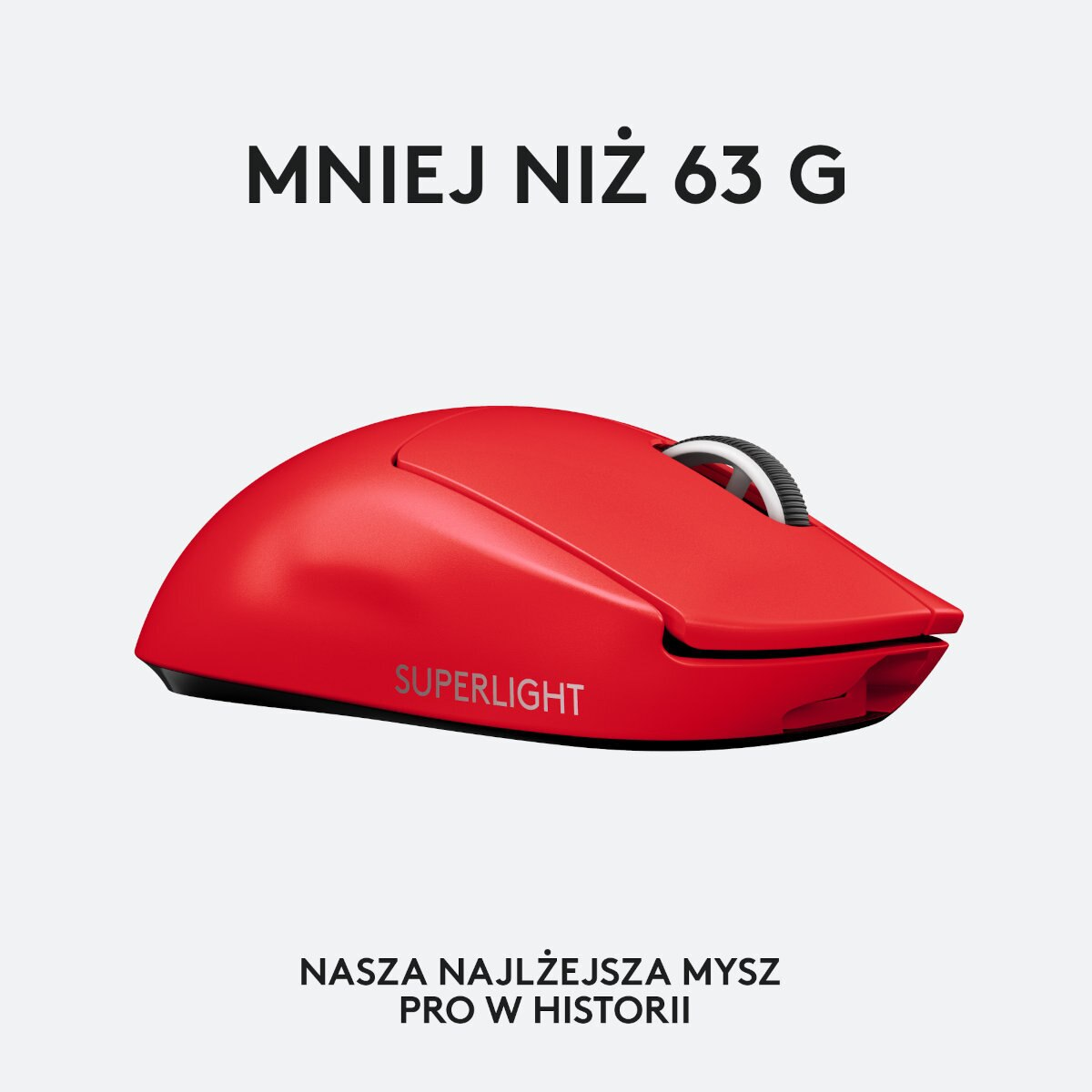 Czerwona mysz komputerowa z tekstem 'SUPERLIGHT'. Znajduje się na białym tle.