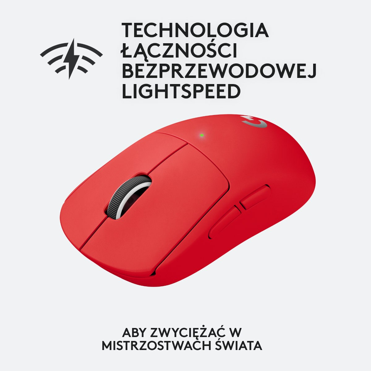 Czerwona bezprzewodowa mysz do gier, tekst: technologia bezprzewodowa, białe tło.