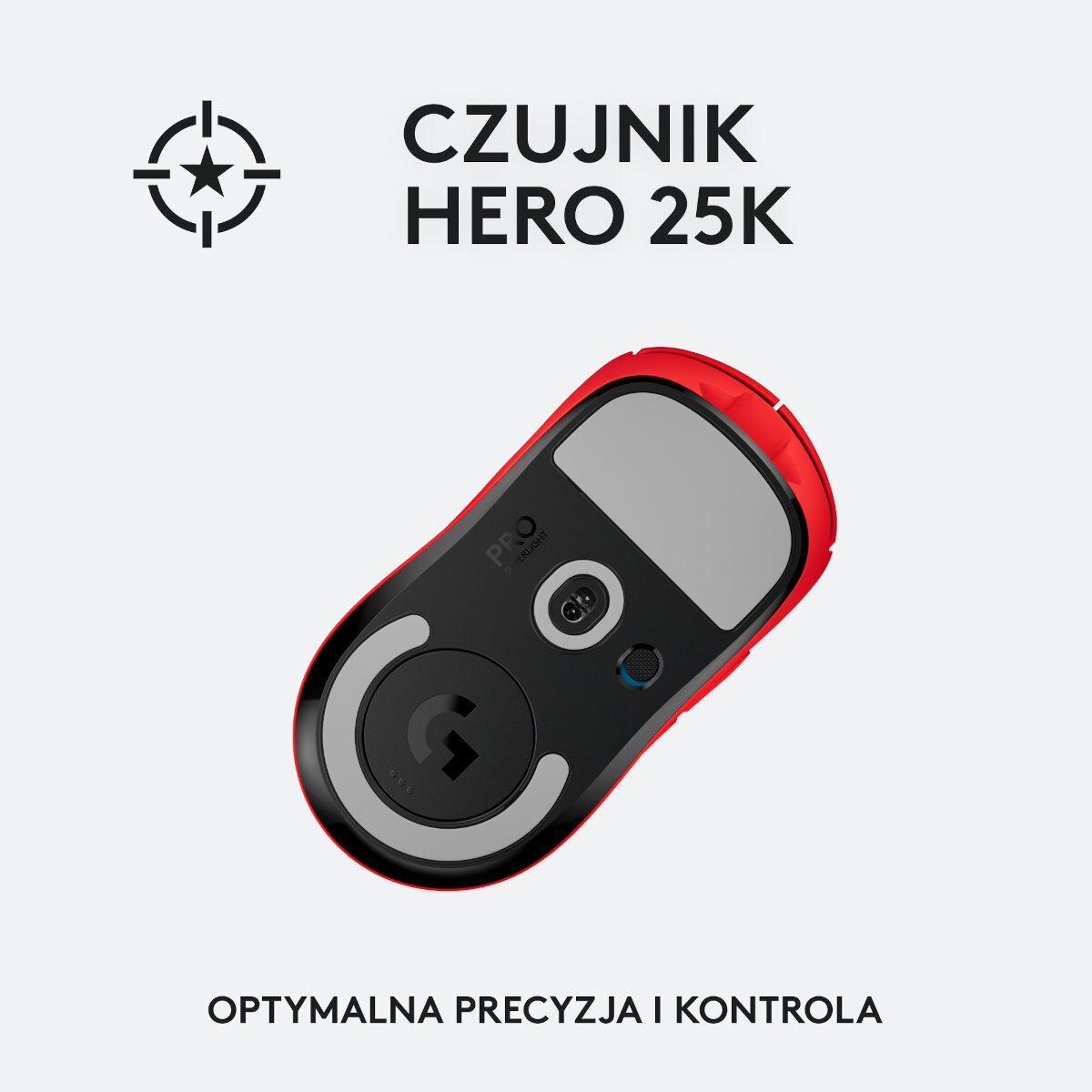 Czarna i czerwona mysz do gier. Mysz ma czerwoną podstawę i czarną górę. Czujnik Hero 25k.
