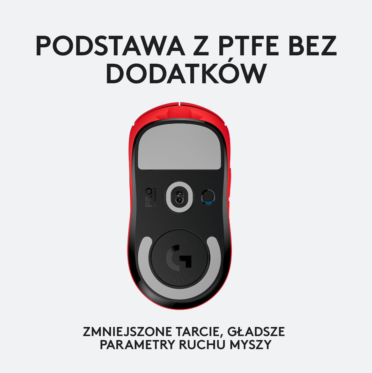 Spód czerwonej myszy do gier. Ma szare centrum i czarne kółko przewijania.