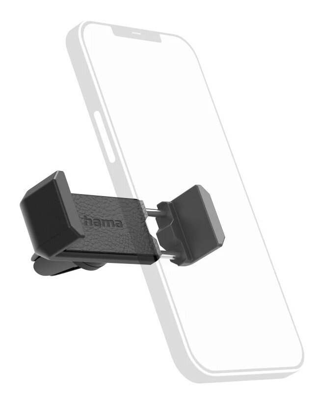Czarny uchwyt na telefon z telefonem. Białe tło. Uchwyt ma napis 'hama'.