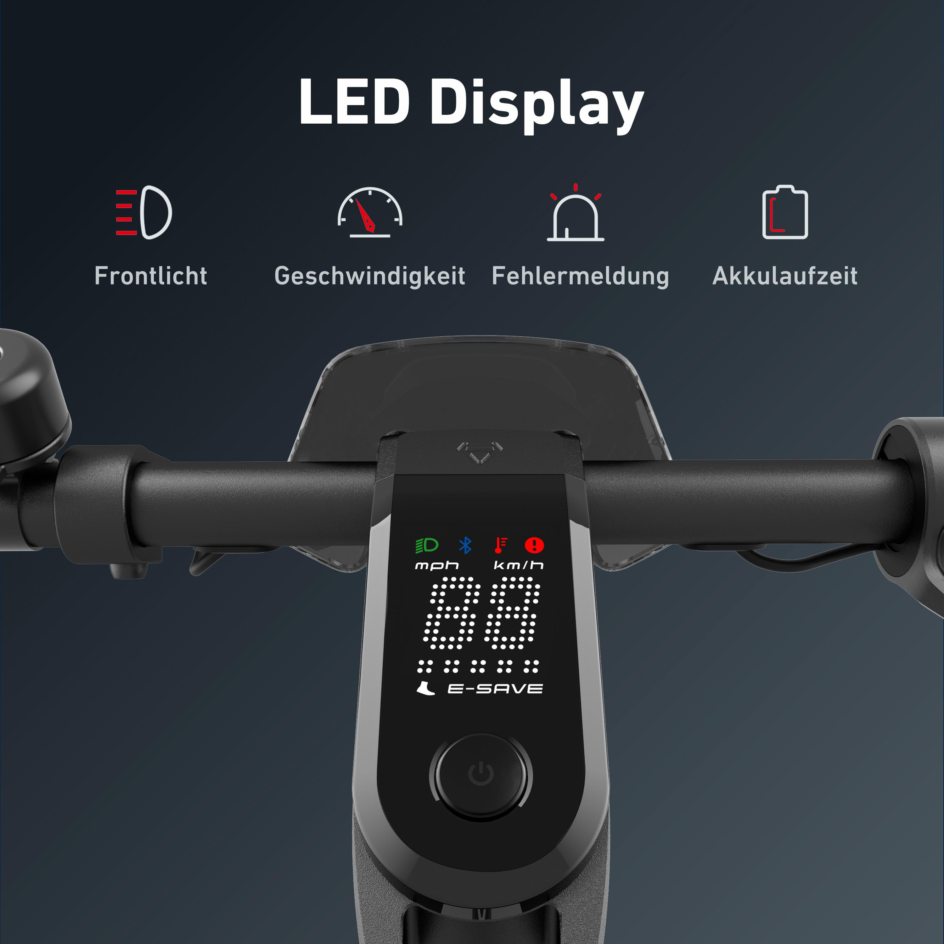 Das Display eines Elektrorollers zeigt mph und km/h, mit Symbolen für Licht und Batterie.