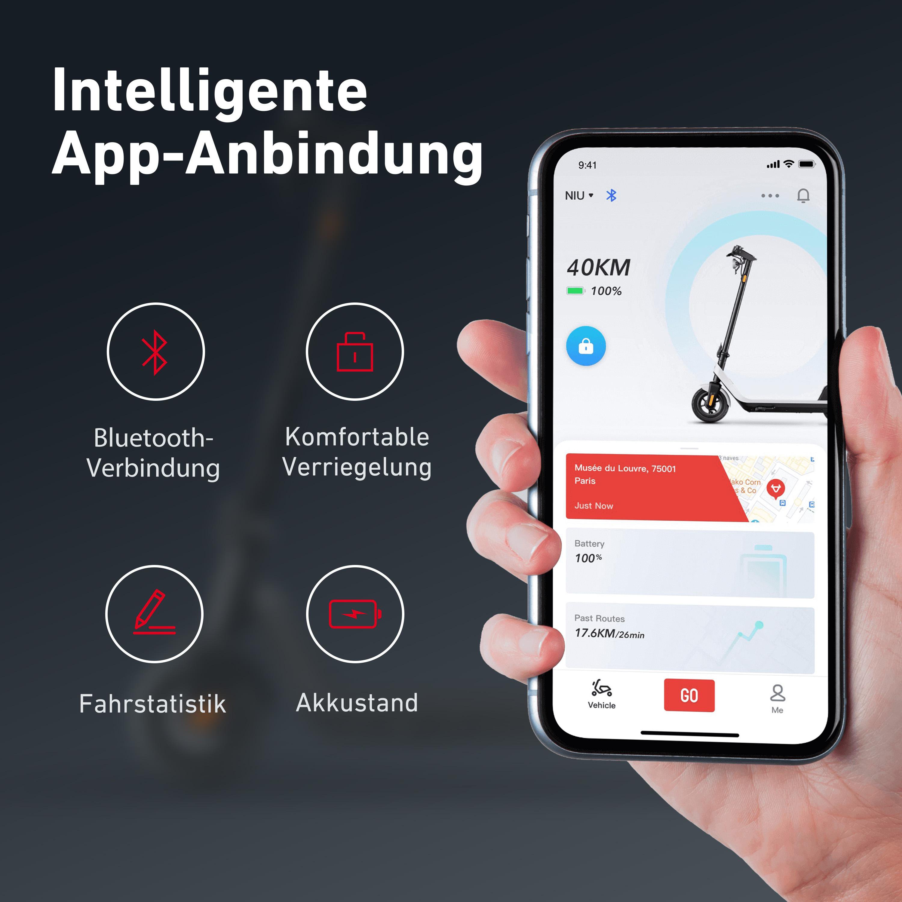 Handy zeigt Roller-App, mit Akku-, Geschwindigkeits- und Routendaten.