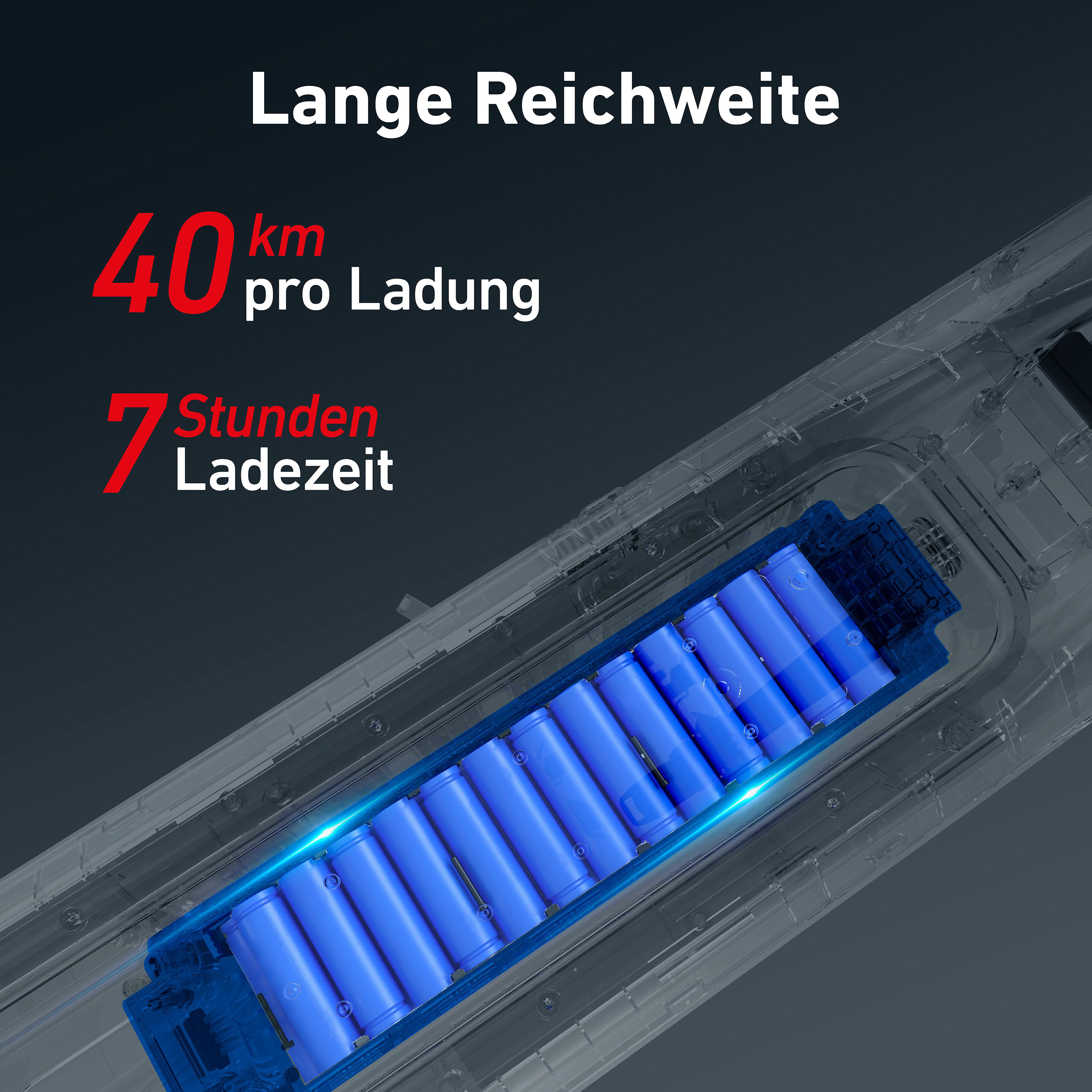 Bild mit Text über Reichweite und Ladezeit eines Produkts.