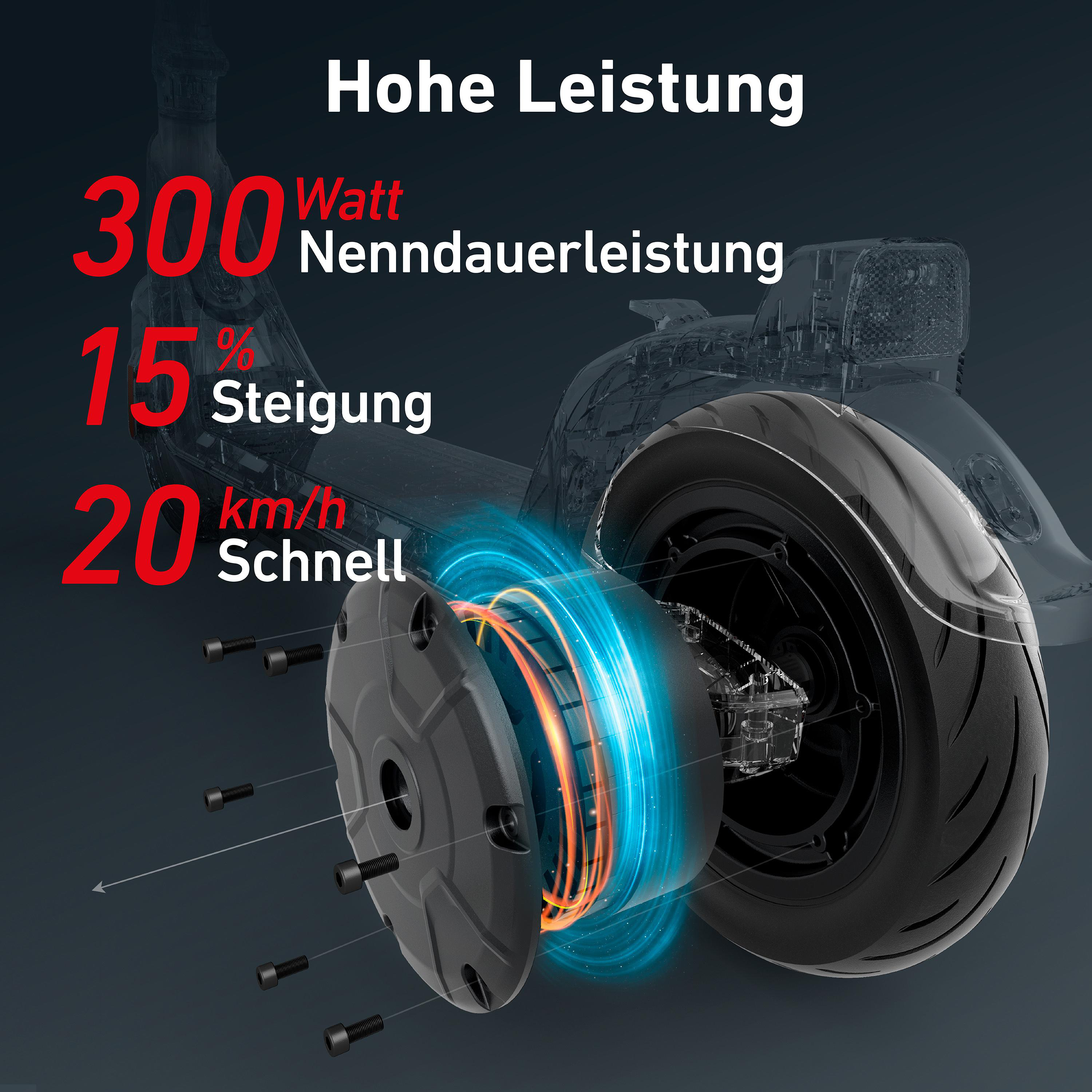 Diagramm eines Elektromotorrollers mit Leistungsdaten und einer Rollerumrisszeichnung.