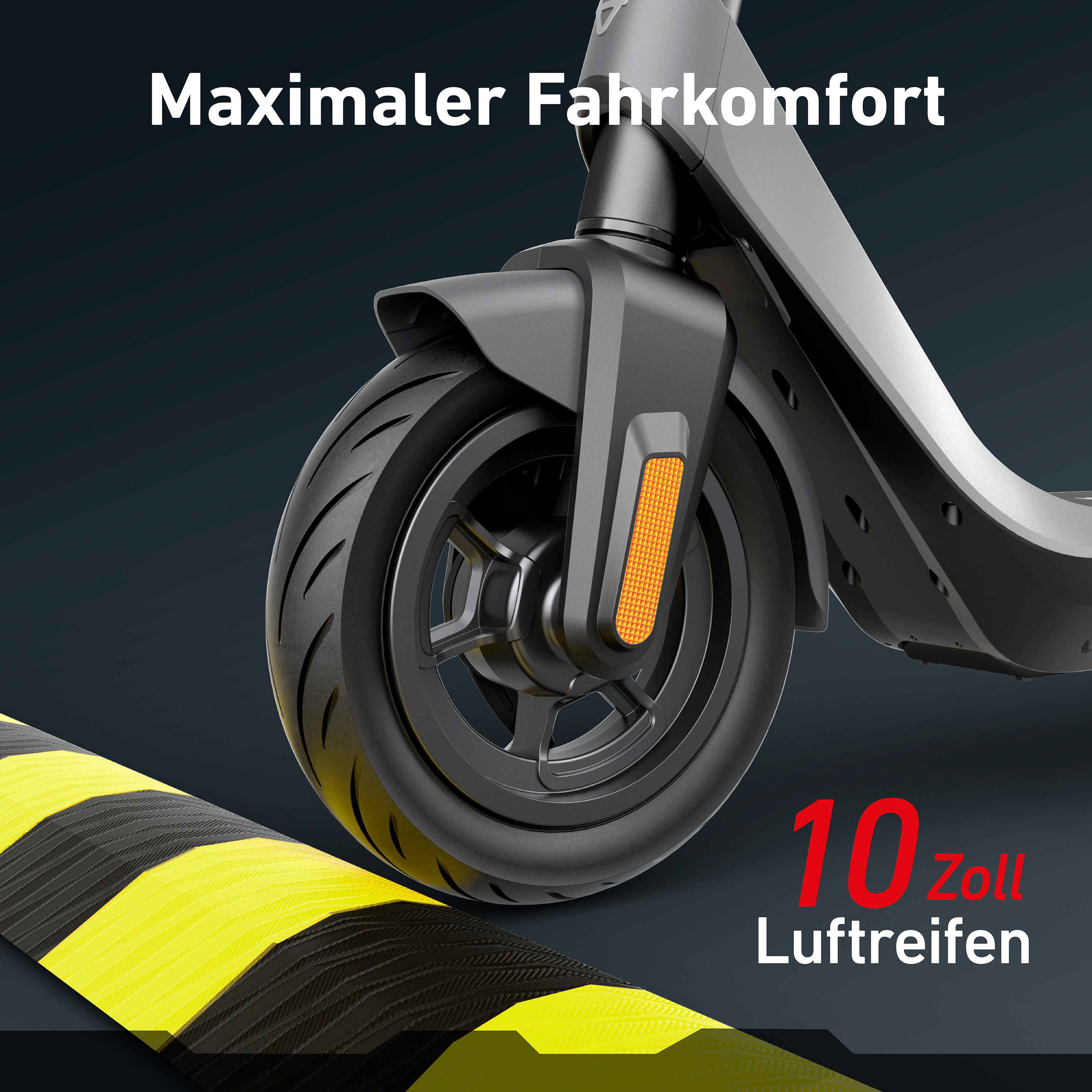Nahaufnahme eines Elektroroller-Rads auf holpriger Straße, mit Text 'Max. Fahrkomfort'.