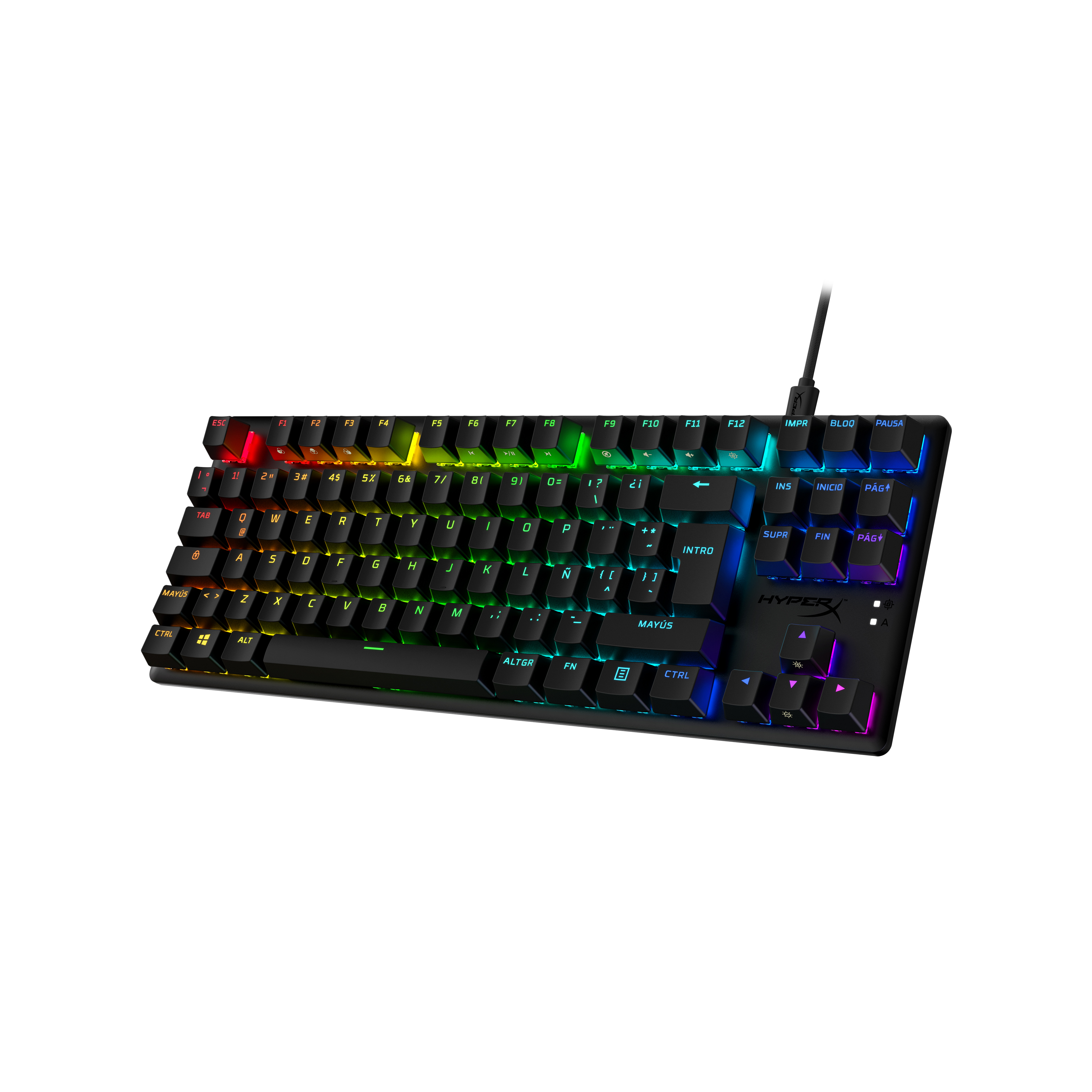 Teclado negro iluminado con teclas coloridas. El teclado está sobre una superficie blanca.