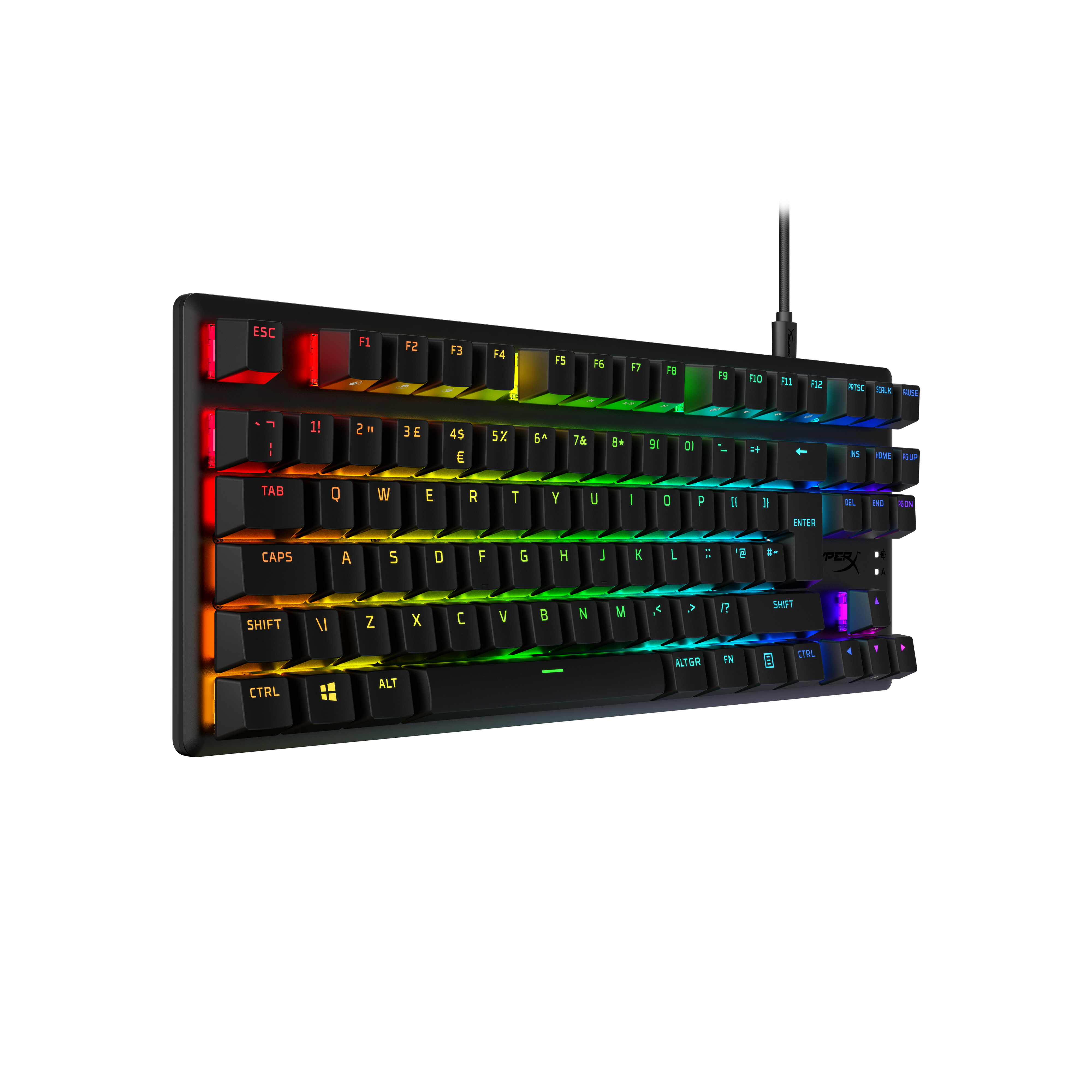 Teclado negro para juegos con teclas arcoíris, cable negro.