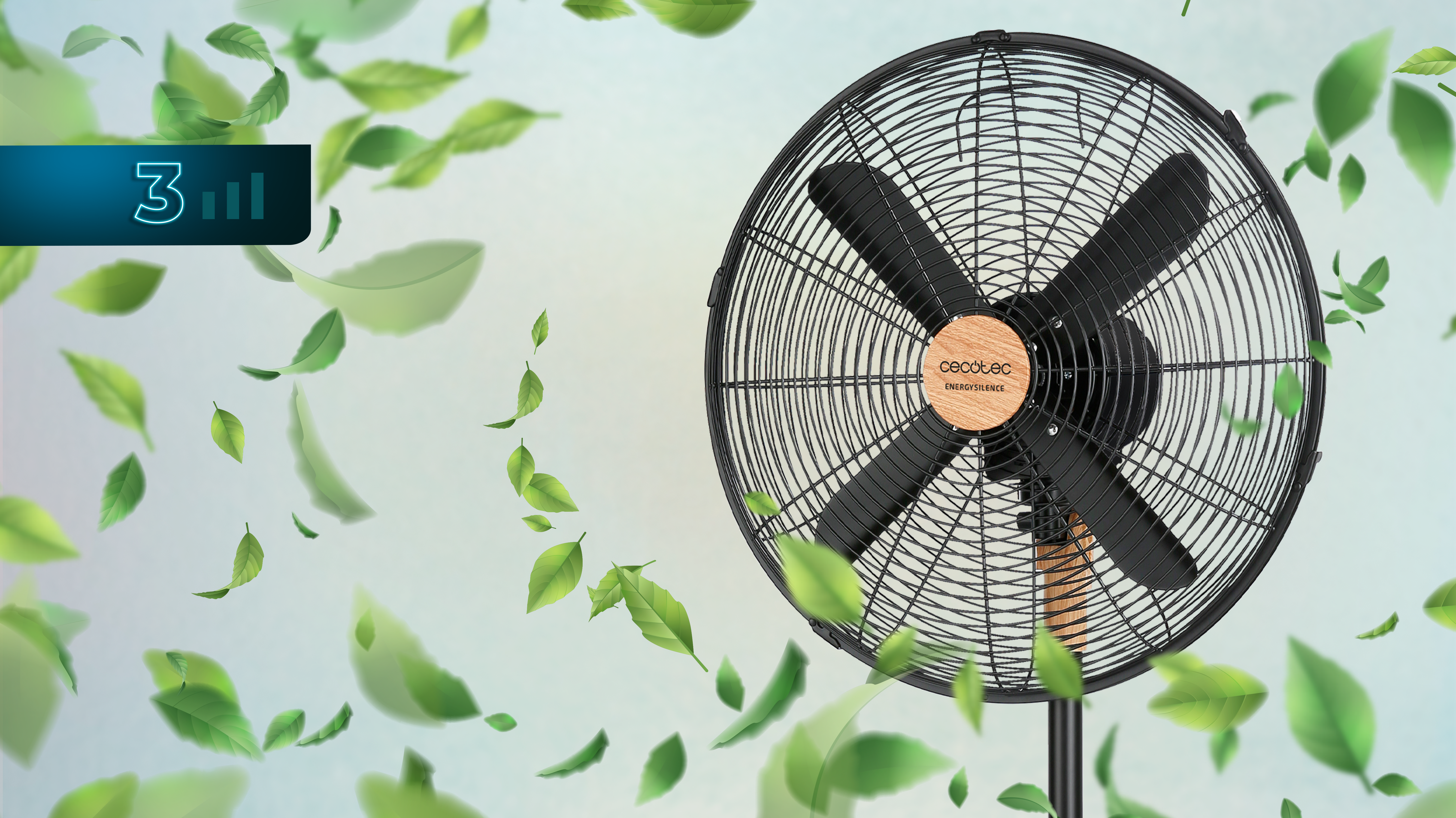 Un ventilador con hojas verdes flotando a su alrededor.