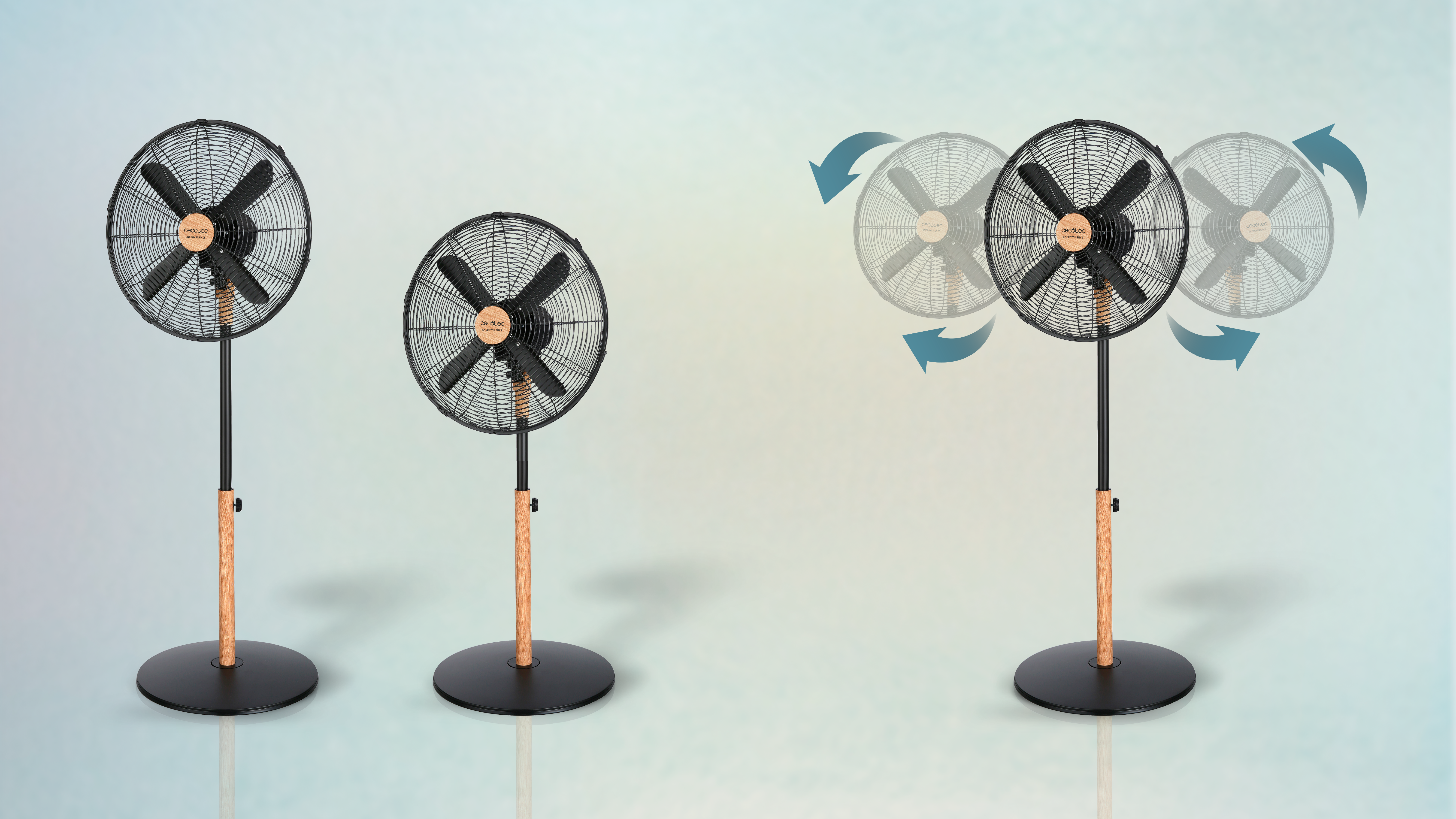Tres ventiladores negros con bases de madera; uno en movimiento.
