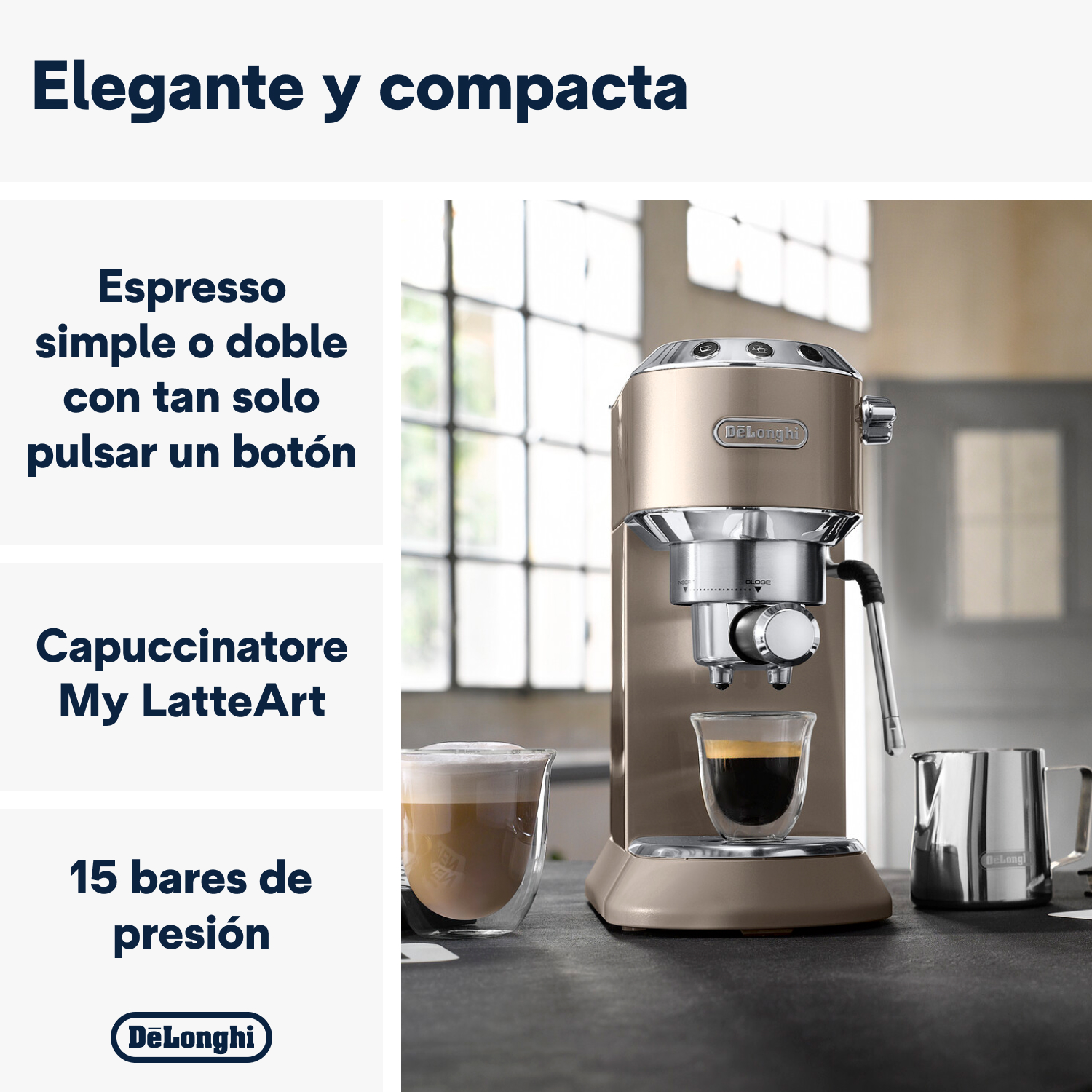 Una máquina de espresso De'Longhi beige con un vaso de espresso sobre una superficie oscura.