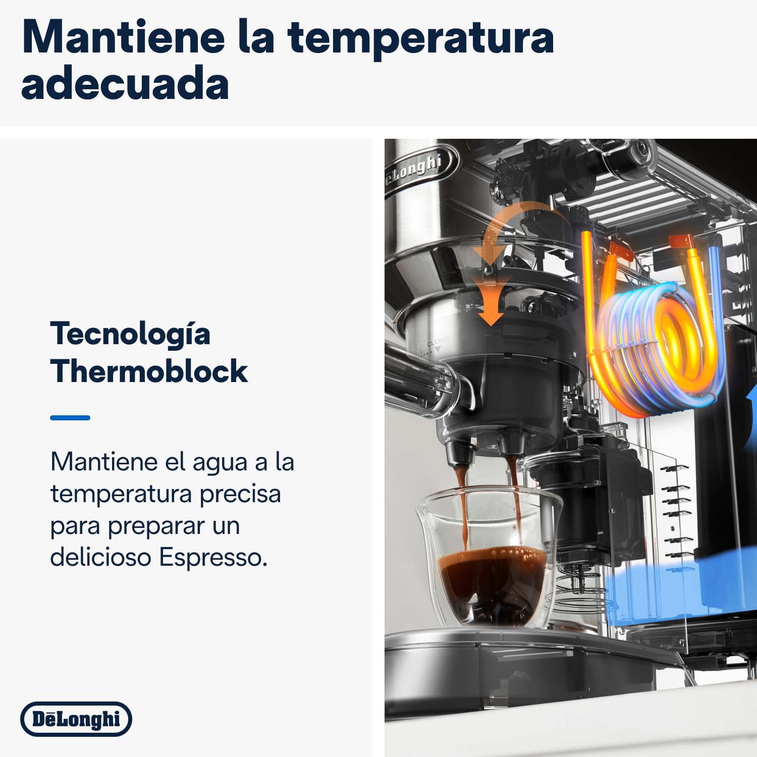 Una máquina de espresso con texto sobre el mantenimiento de la temperatura ideal.