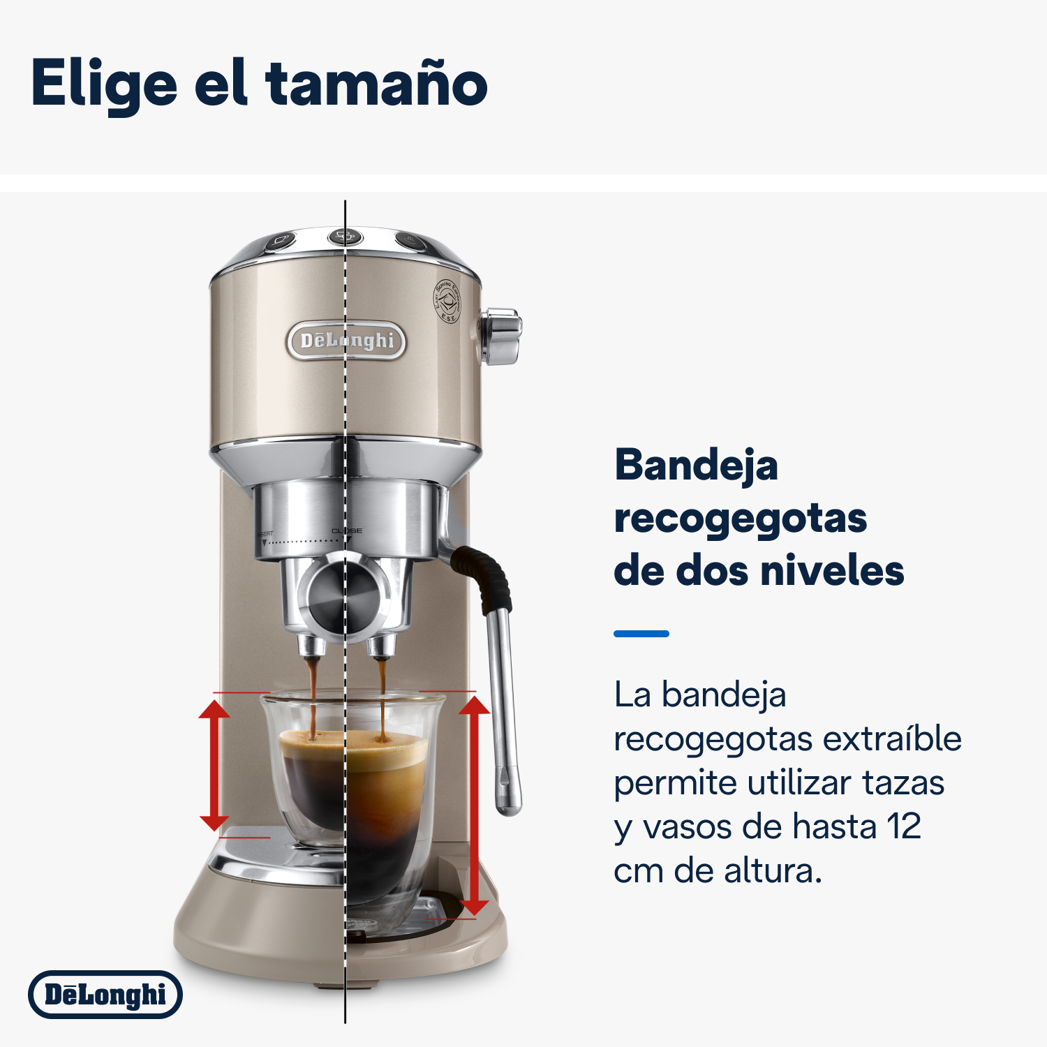 Máquina de espresso con un vaso mostrando café vertiéndose y texto sobre la bandeja de goteo.