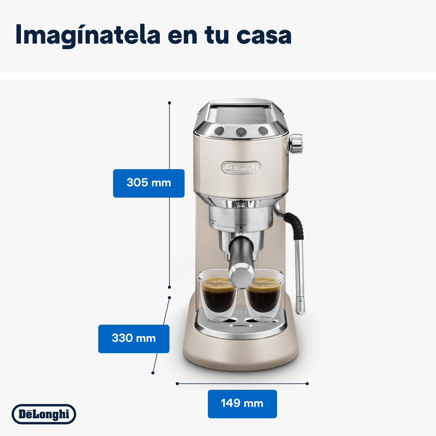 Máquina de espresso con dos vasos, las dimensiones se muestran con un fondo azul.