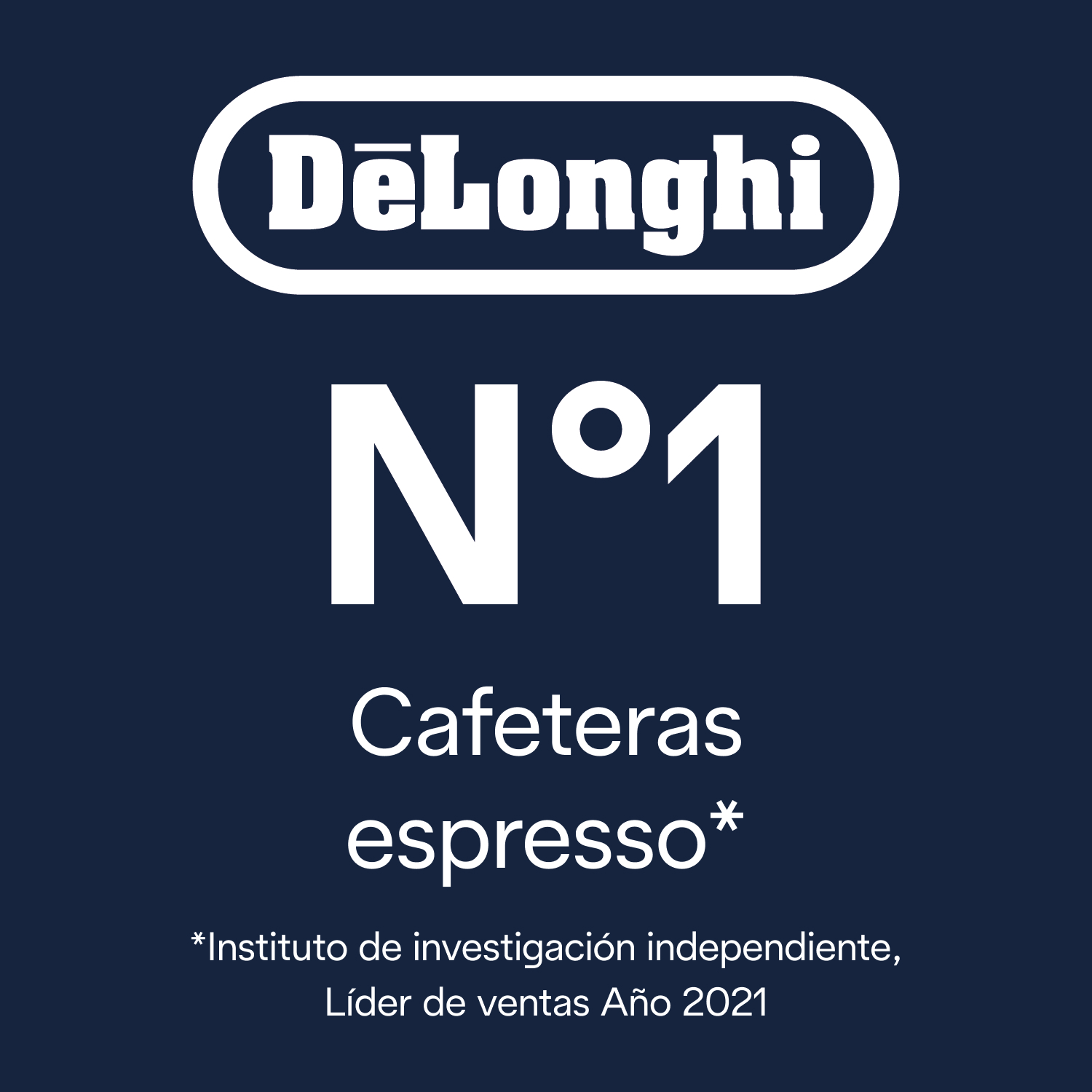 Texto blanco sobre fondo azul que anuncia las cafeteras 'DeLonghi'.