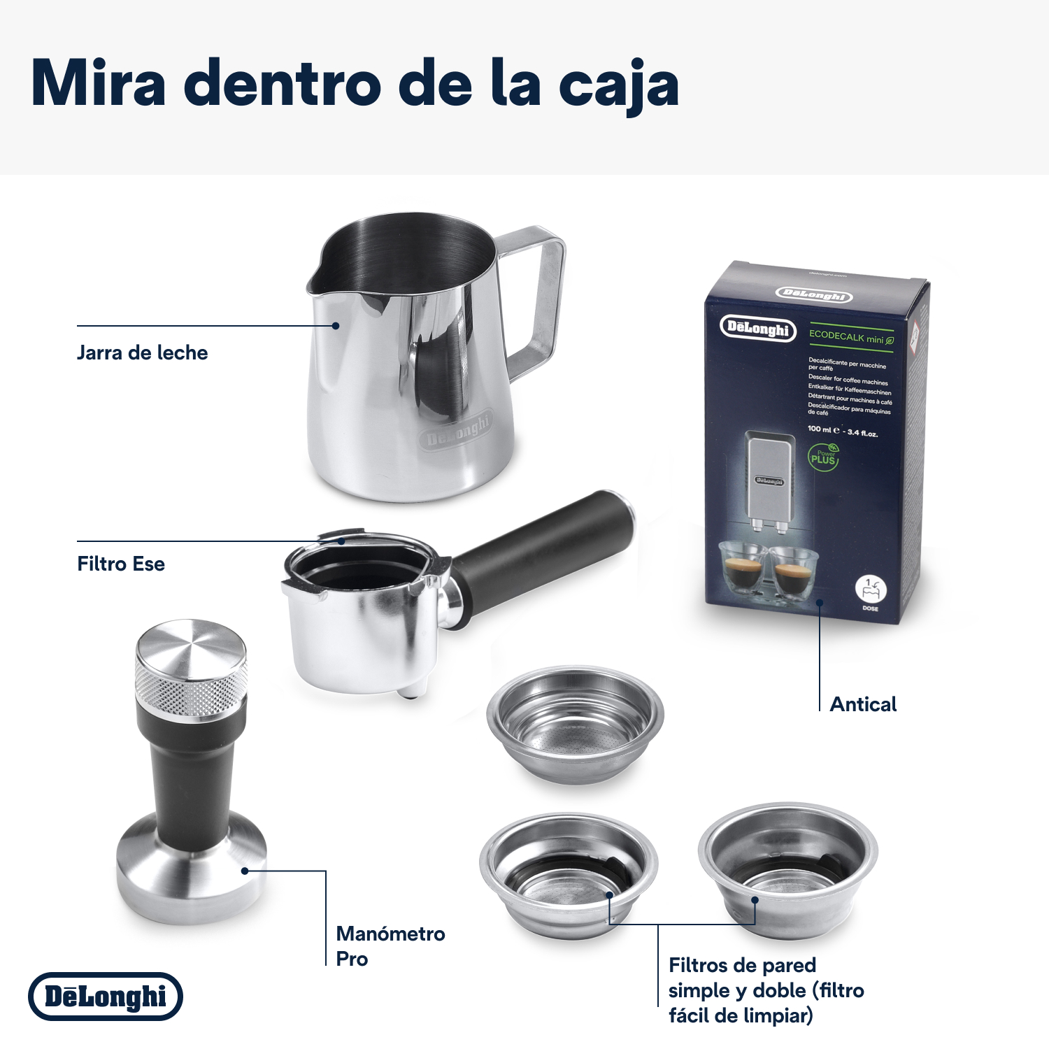 Contenido de una caja de cafetera: jarra de leche, portafiltro, prensador, filtros y solución descalcificadora.