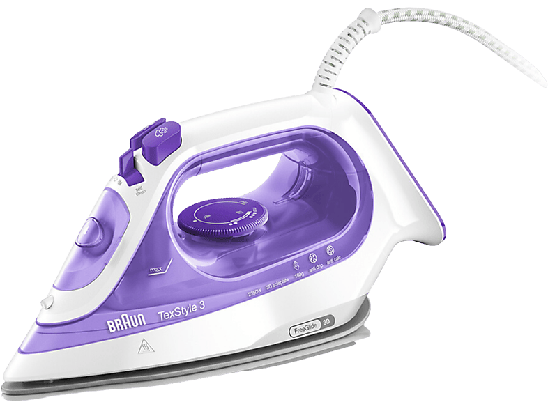 Plancha de vapor - Braun TexStyle 3 SI3042VI, Suela FreeGlide 3D, Autolimpieza, 2.350 W, 45g/min, Blanco/Violeta