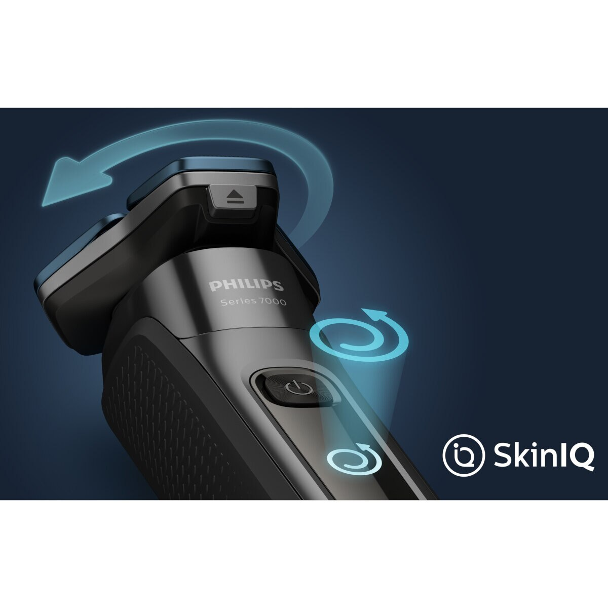 Czarna i szara golarka Philips Series 7000. Po prawej stronie znajduje się logo SkinIQ.